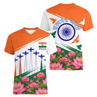 India Flag Women V-Neck T-Shirt Jet Flypast Ashoka Chakra Lotus Vibrant Patriotic Tricolor