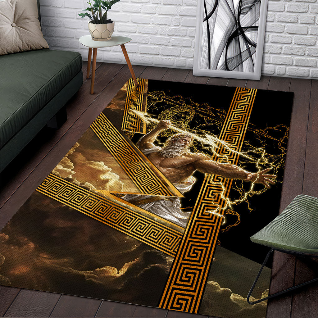 Zeus Greek Mythology King Of Gods Area Rug Gold Meander Pattern Lightning Bolt Mythological