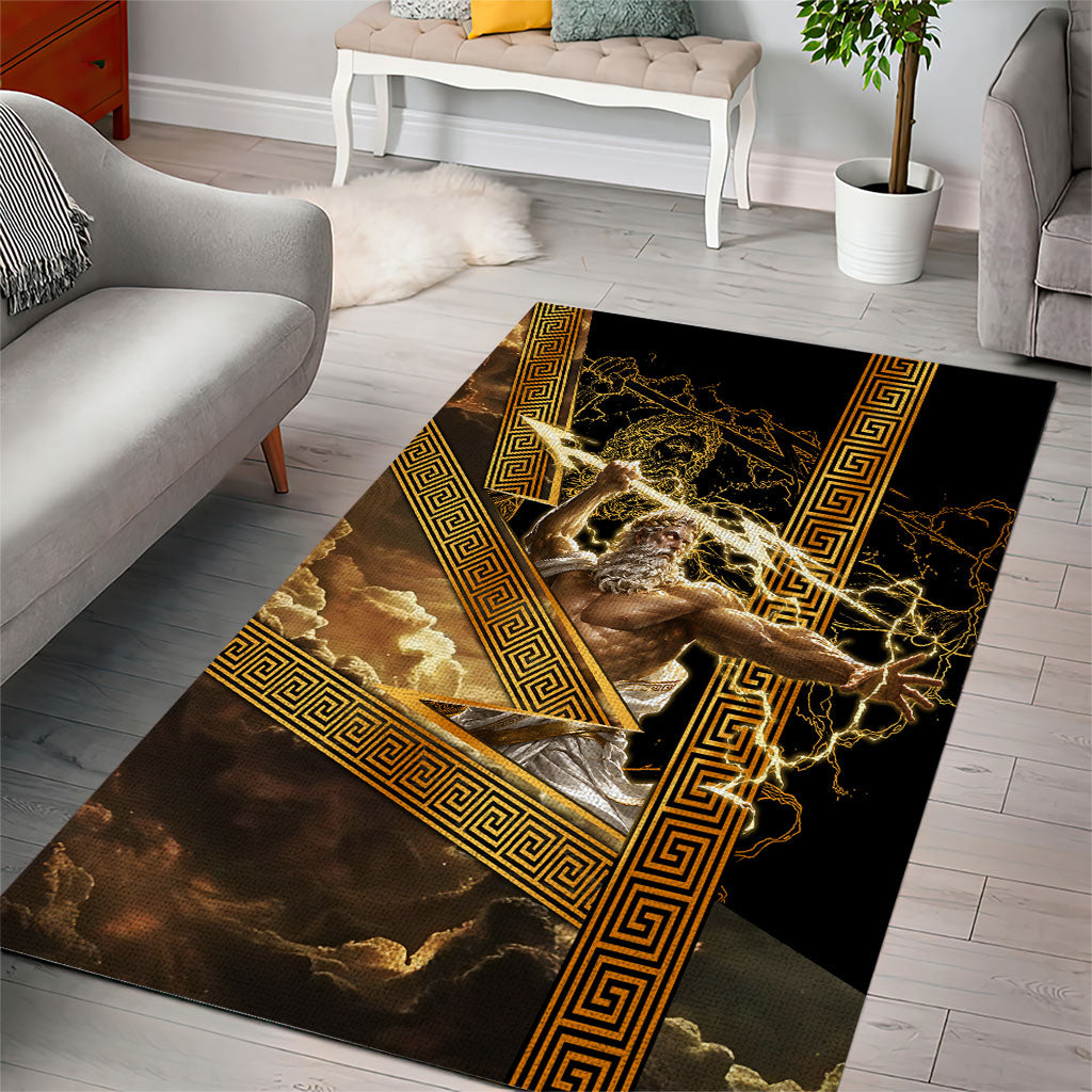 Zeus Greek Mythology King Of Gods Area Rug Gold Meander Pattern Lightning Bolt Mythological