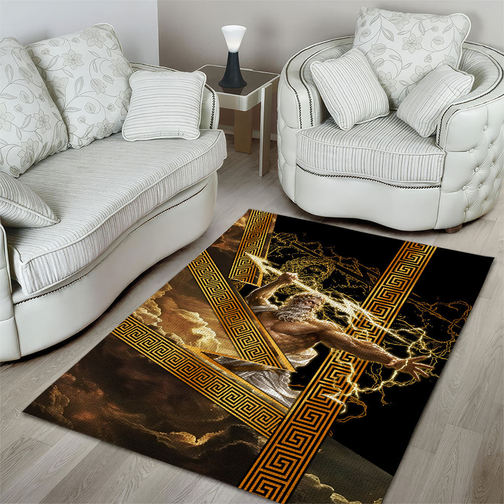 Zeus Greek Mythology King Of Gods Area Rug Gold Meander Pattern Lightning Bolt Mythological