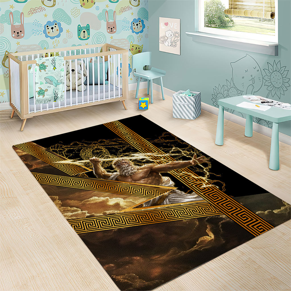 Zeus Greek Mythology King Of Gods Area Rug Gold Meander Pattern Lightning Bolt Mythological