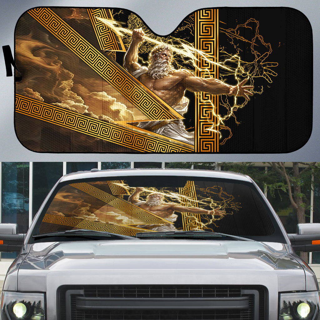 Zeus Greek Mythology King Of Gods Auto Sun Shade Gold Meander Pattern Lightning Bolt Mythological