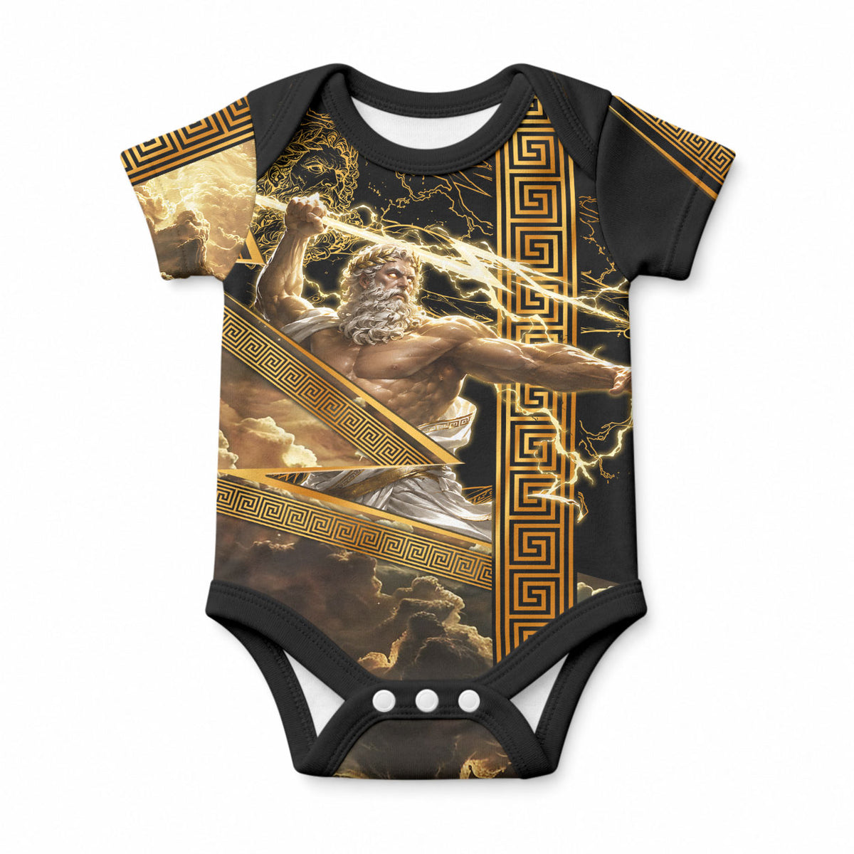 Zeus Greek Mythology King Of Gods Baby Onesie Gold Meander Pattern Lightning Bolt Mythological