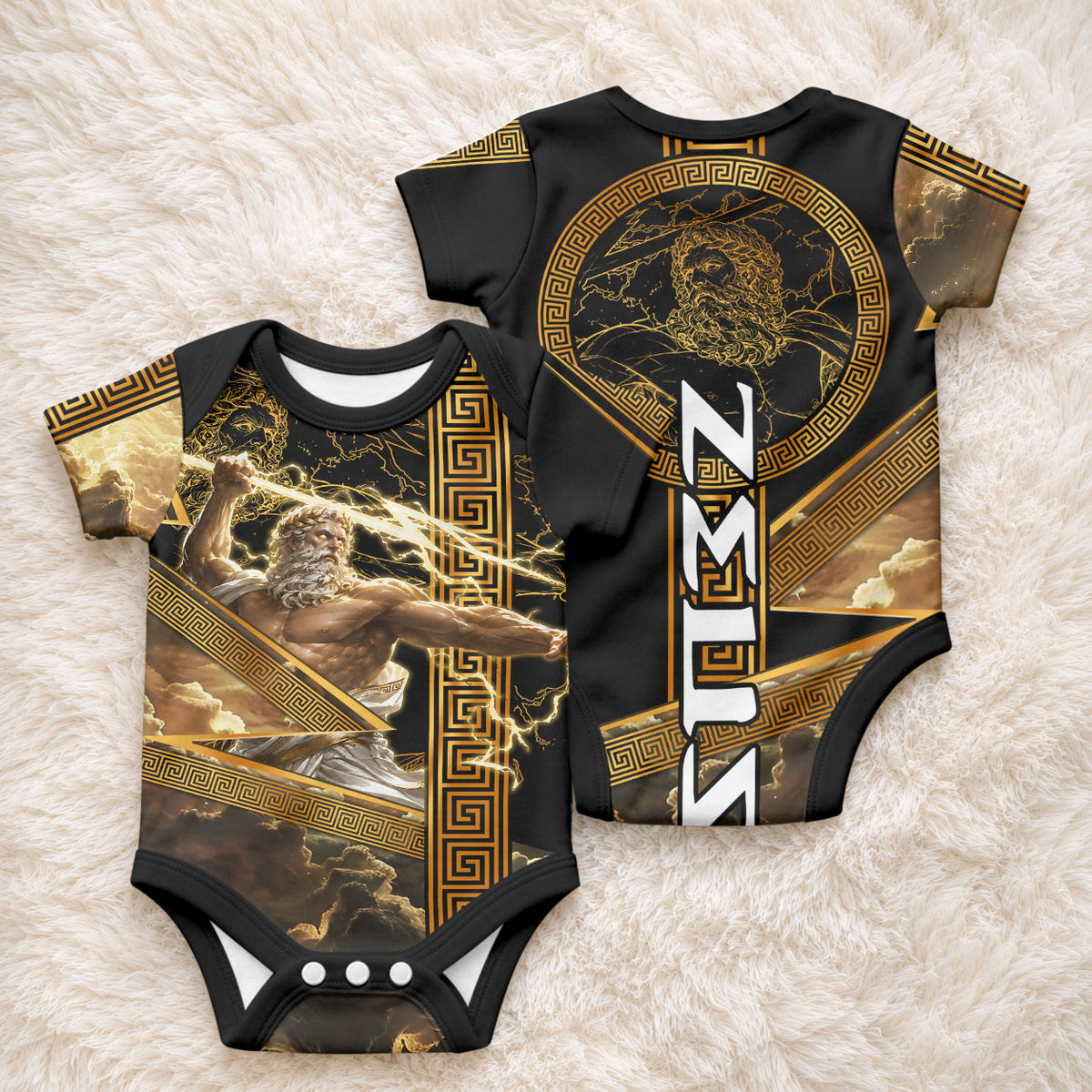Zeus Greek Mythology King Of Gods Baby Onesie Gold Meander Pattern Lightning Bolt Mythological