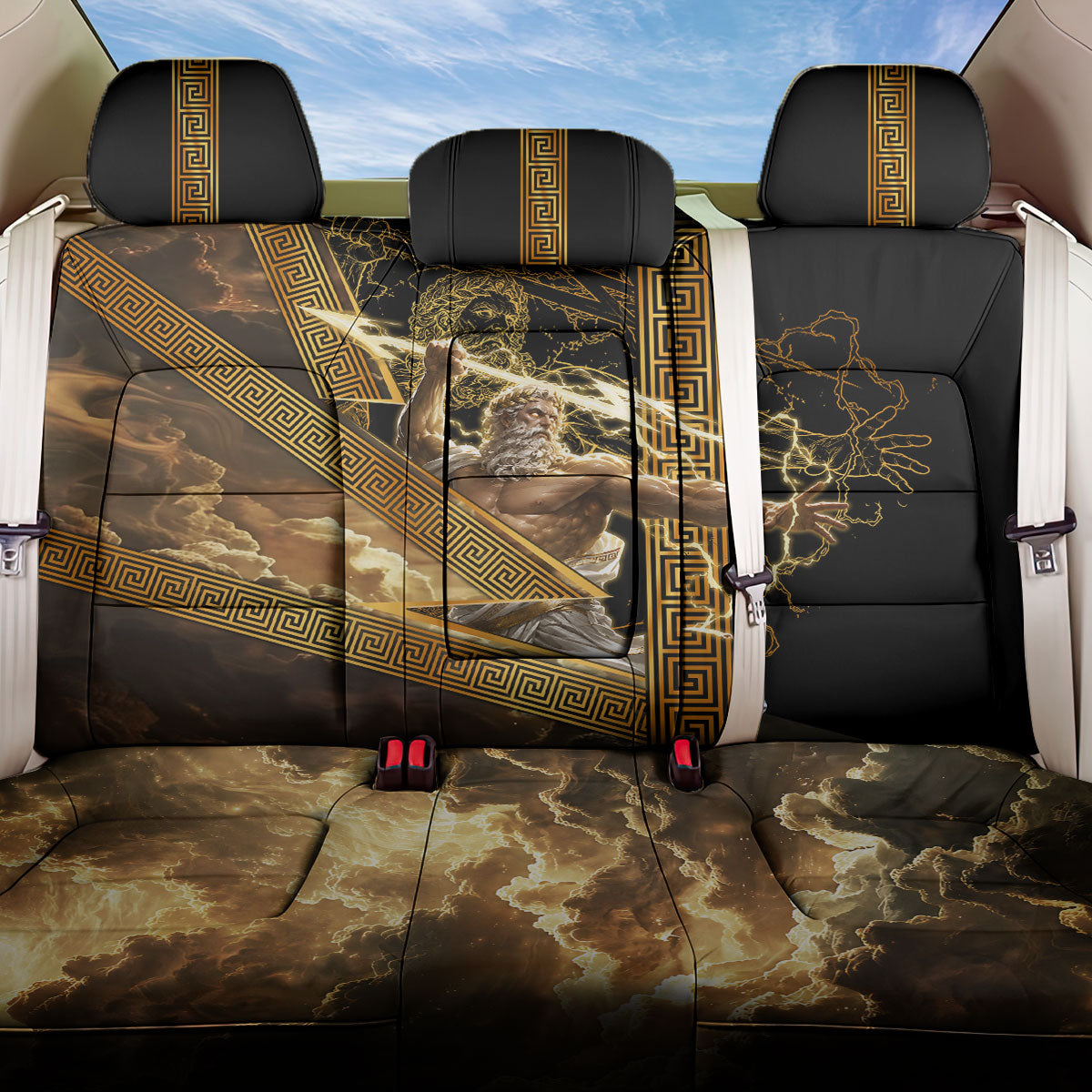 Zeus Greek Mythology King Of Gods Back Car Seat Cover Gold Meander Pattern Lightning Bolt Mythological