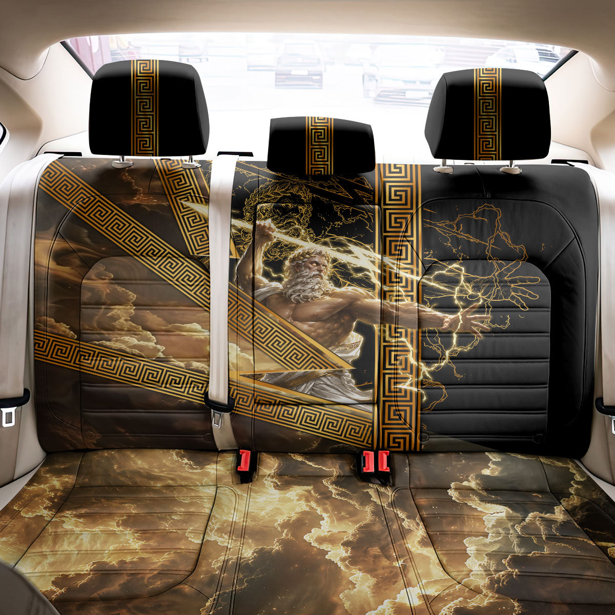 Zeus Greek Mythology King Of Gods Back Car Seat Cover Gold Meander Pattern Lightning Bolt Mythological