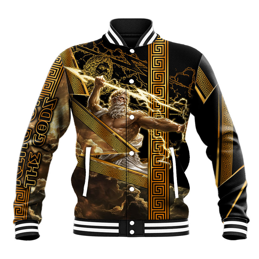 Zeus Greek Mythology King Of Gods Baseball Jacket Gold Meander Pattern Lightning Bolt Mythological