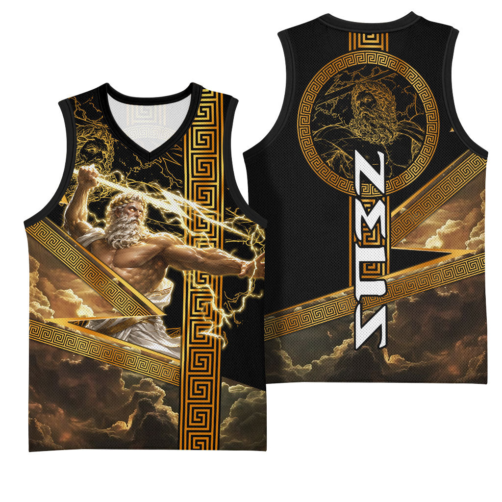 Zeus Greek Mythology King Of Gods Basketball Jersey Gold Meander Pattern Lightning Bolt Mythological