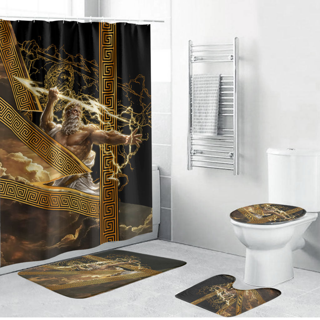 Zeus Greek Mythology King Of Gods Bathroom Set Gold Meander Pattern Lightning Bolt Mythological