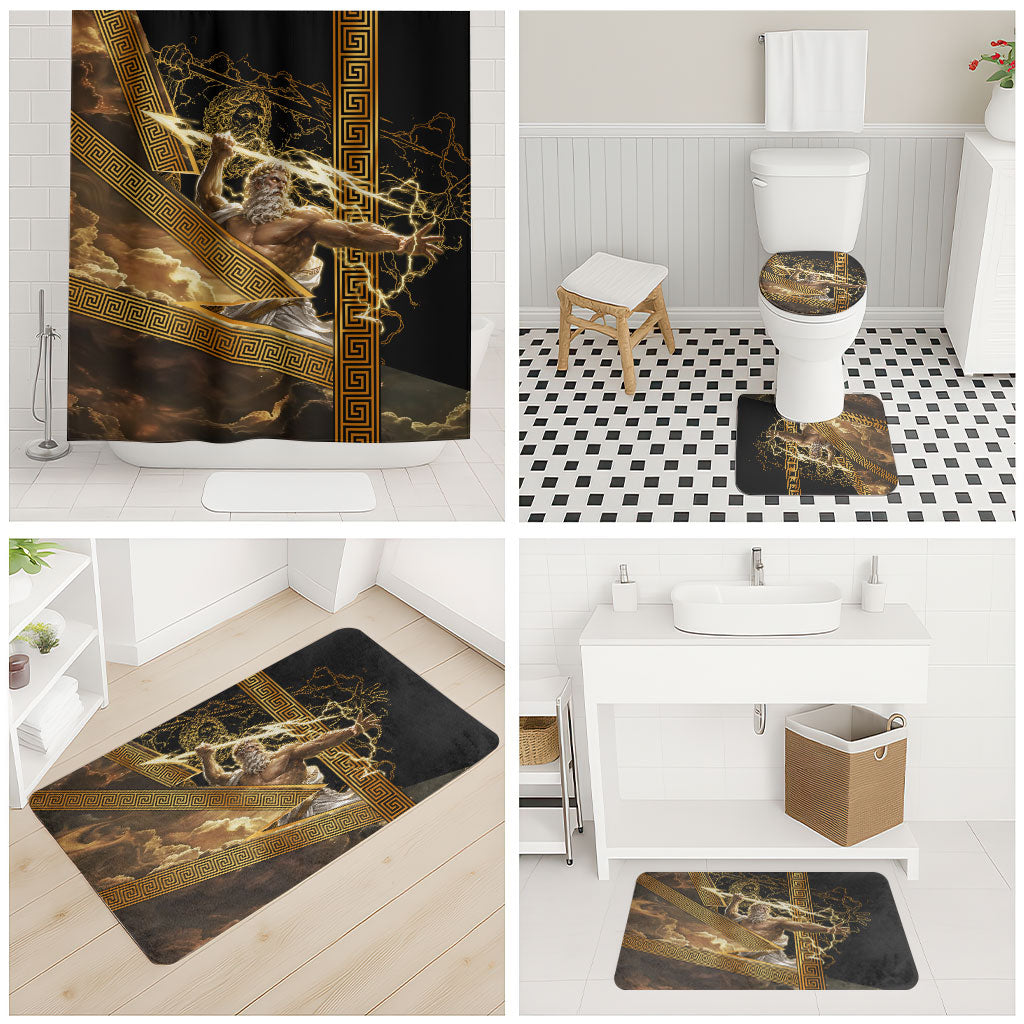Zeus Greek Mythology King Of Gods Bathroom Set Gold Meander Pattern Lightning Bolt Mythological