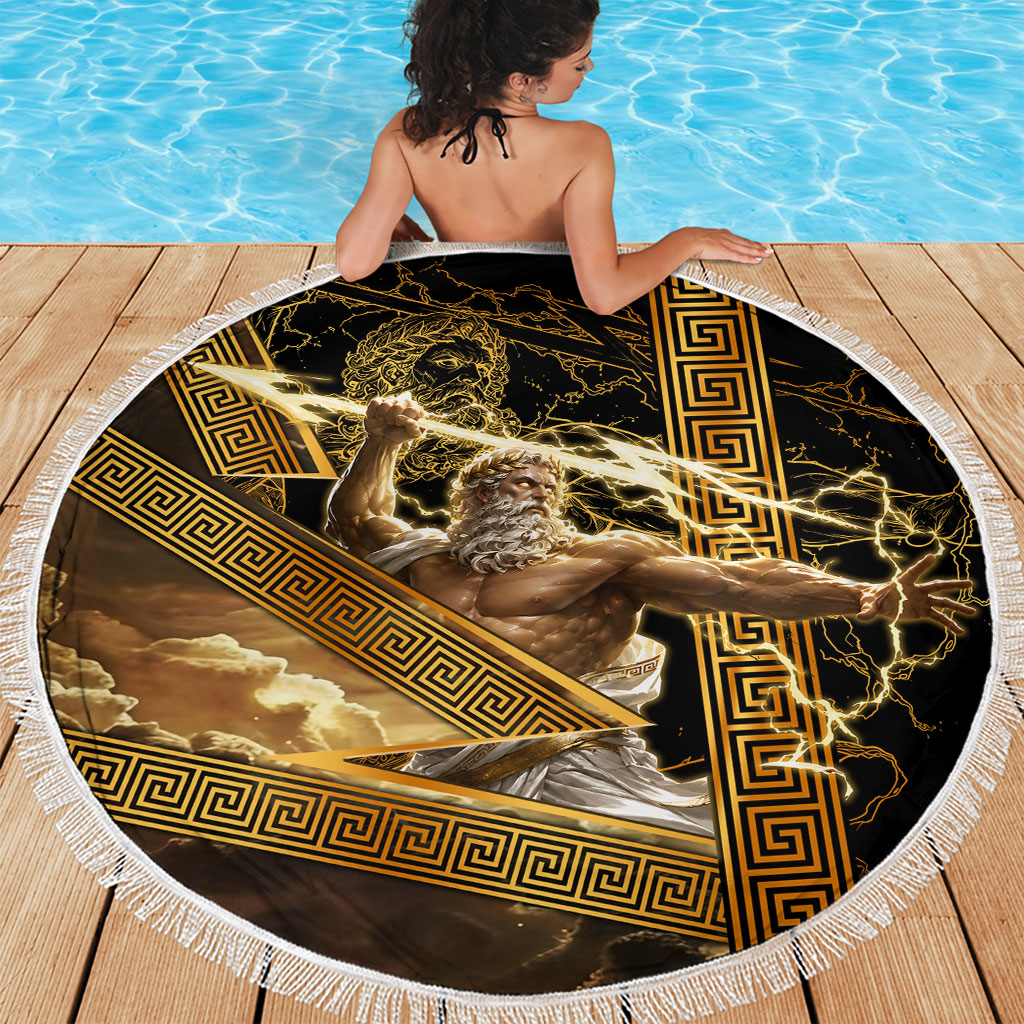 Zeus Greek Mythology King Of Gods Beach Blanket Gold Meander Pattern Lightning Bolt Mythological