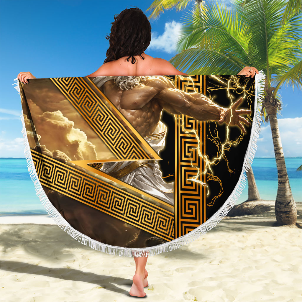 Zeus Greek Mythology King Of Gods Beach Blanket Gold Meander Pattern Lightning Bolt Mythological