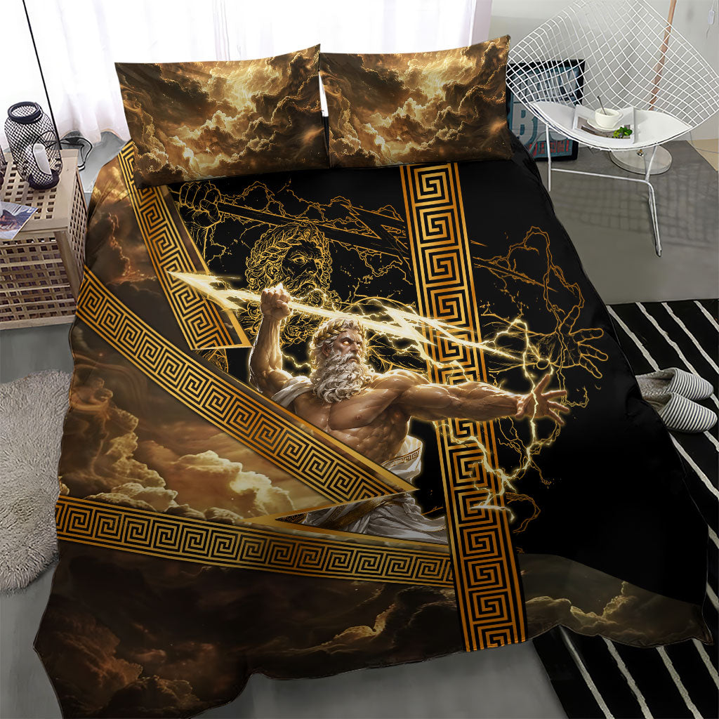 Zeus Greek Mythology King Of Gods Bedding Set Gold Meander Pattern Lightning Bolt Mythological