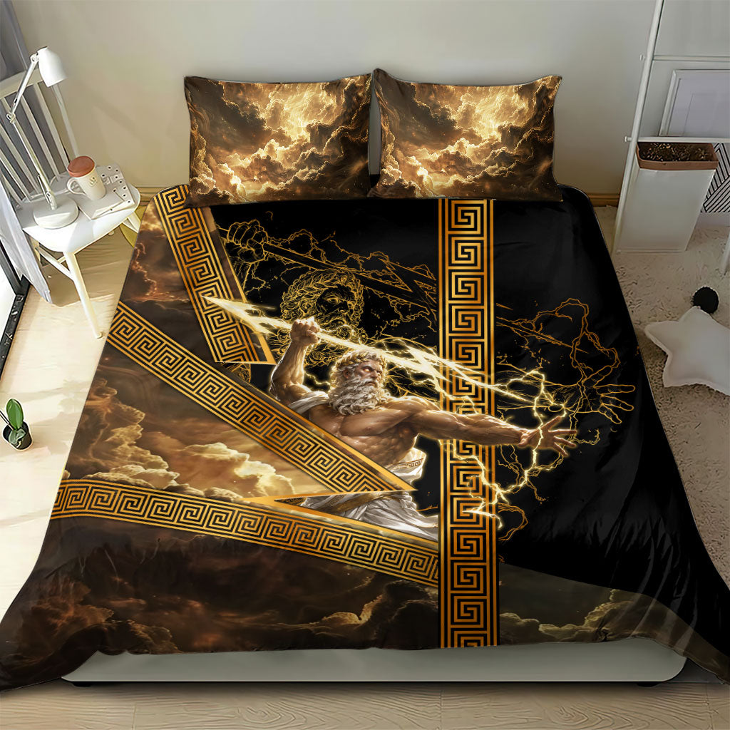 Zeus Greek Mythology King Of Gods Bedding Set Gold Meander Pattern Lightning Bolt Mythological