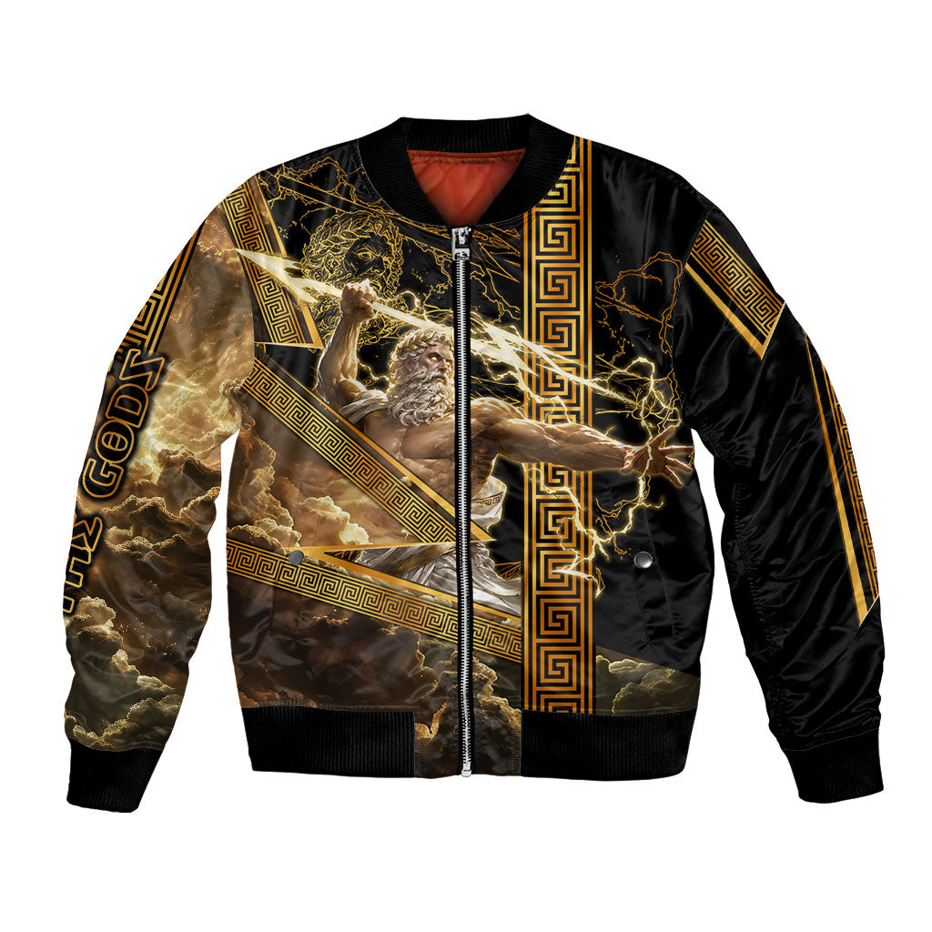 Zeus Greek Mythology King Of Gods Bomber Jacket Gold Meander Pattern Lightning Bolt Mythological