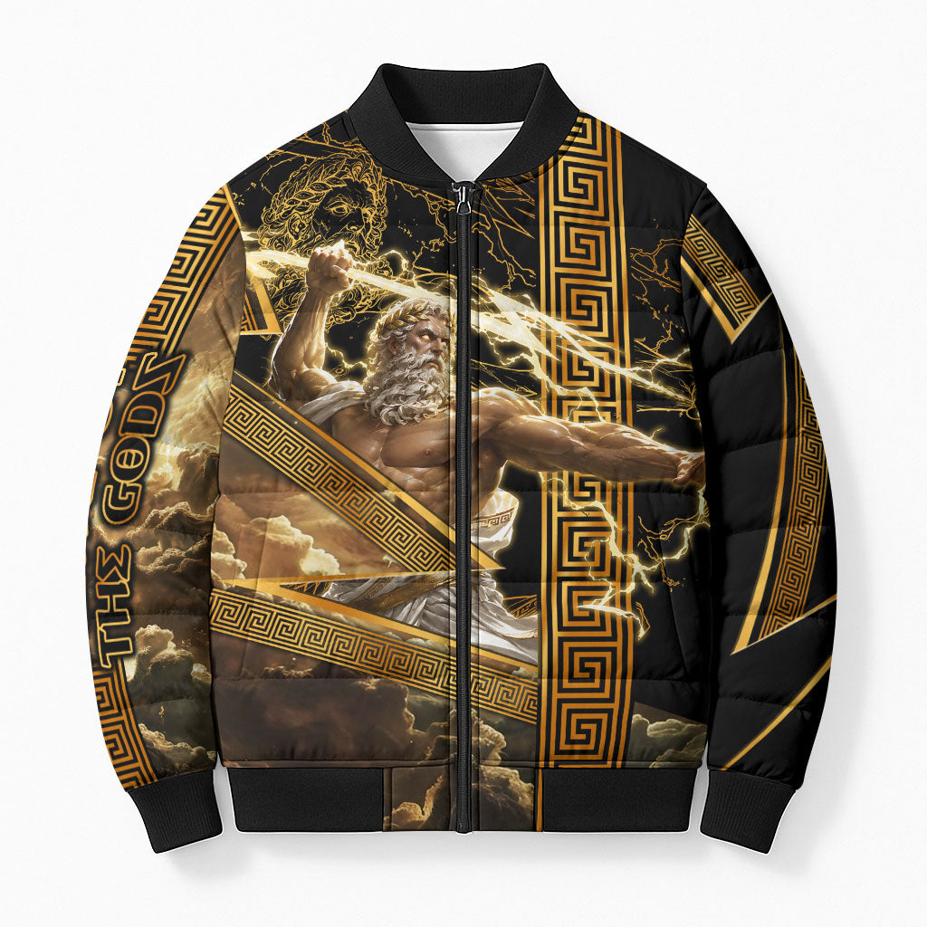 Zeus Greek Mythology King Of Gods Bomber Puffer Jacket Gold Meander Pattern Lightning Bolt Mythological