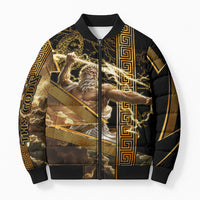 Zeus Greek Mythology King Of Gods Bomber Puffer Jacket Gold Meander Pattern Lightning Bolt Mythological