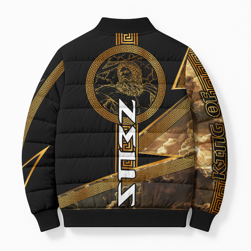 Zeus Greek Mythology King Of Gods Bomber Puffer Jacket Gold Meander Pattern Lightning Bolt Mythological