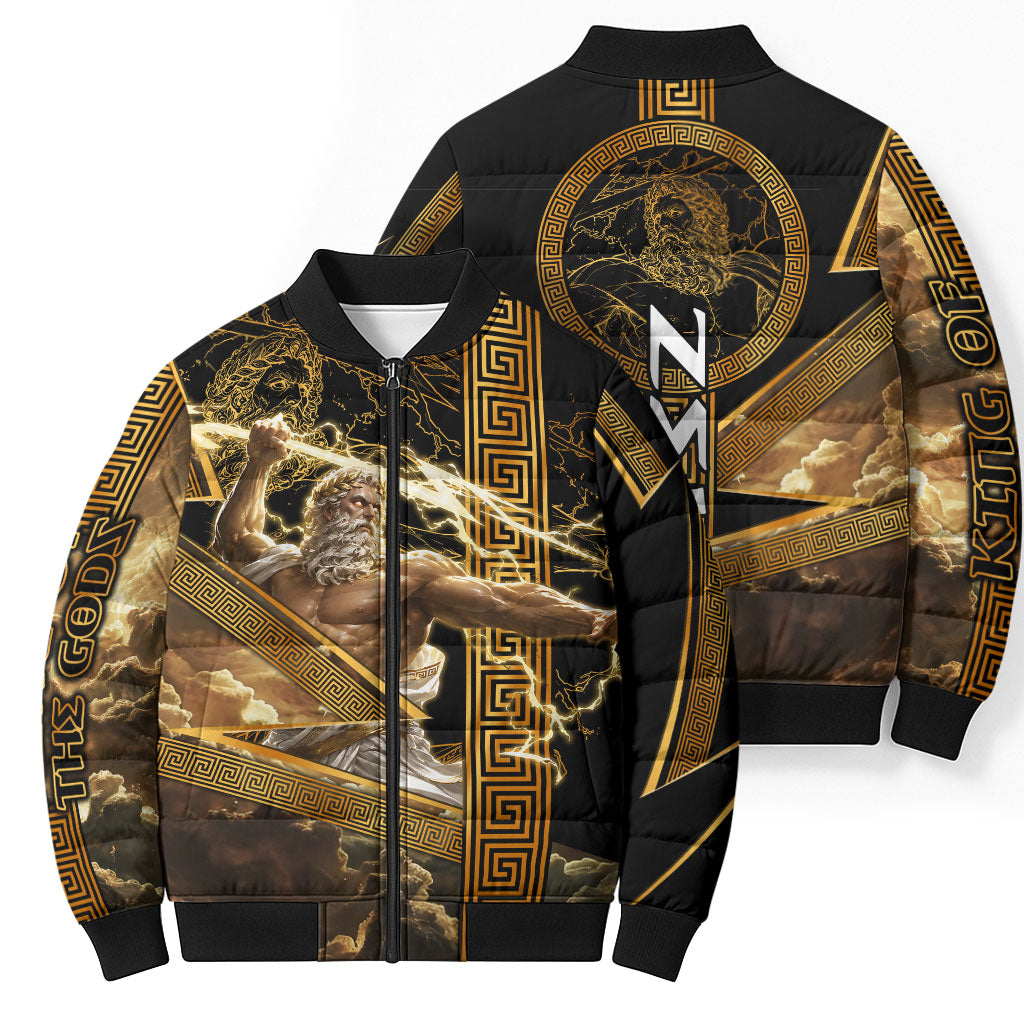 Zeus Greek Mythology King Of Gods Bomber Puffer Jacket Gold Meander Pattern Lightning Bolt Mythological