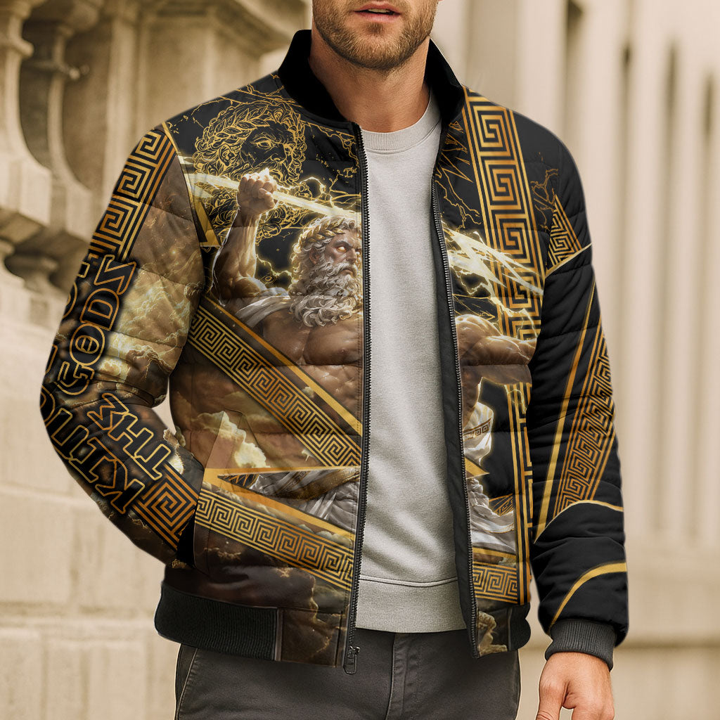 Zeus Greek Mythology King Of Gods Bomber Puffer Jacket Gold Meander Pattern Lightning Bolt Mythological