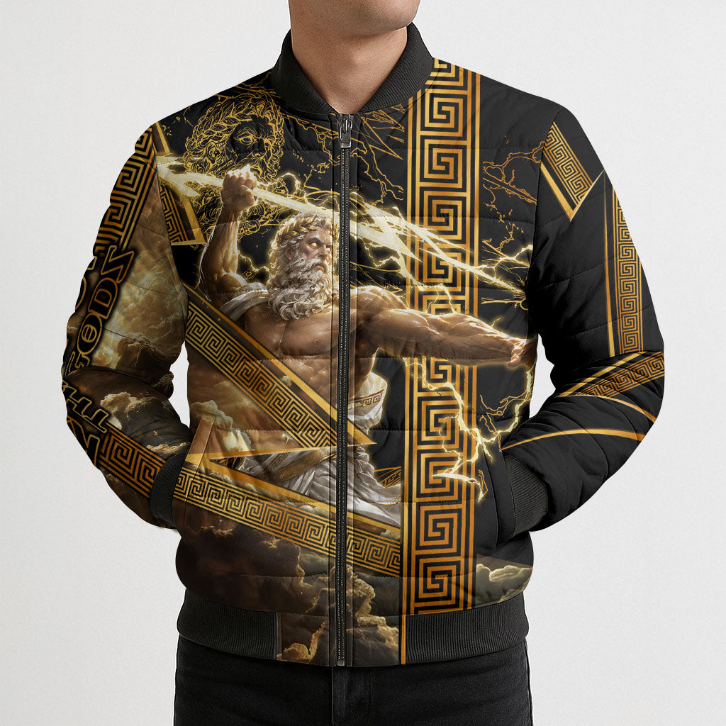 Zeus Greek Mythology King Of Gods Bomber Puffer Jacket Gold Meander Pattern Lightning Bolt Mythological