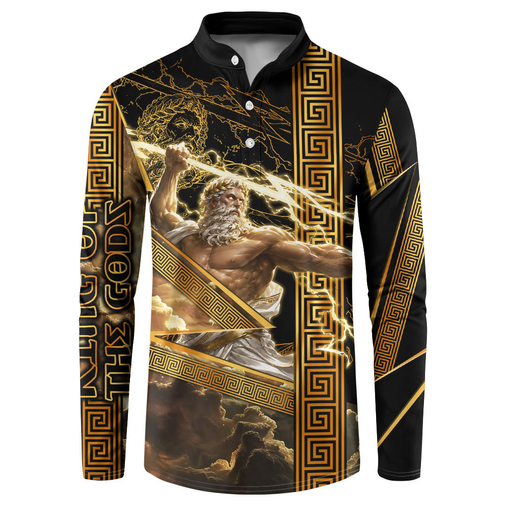 Zeus Greek Mythology King Of Gods Button Sweatshirt Gold Meander Pattern Lightning Bolt Mythological