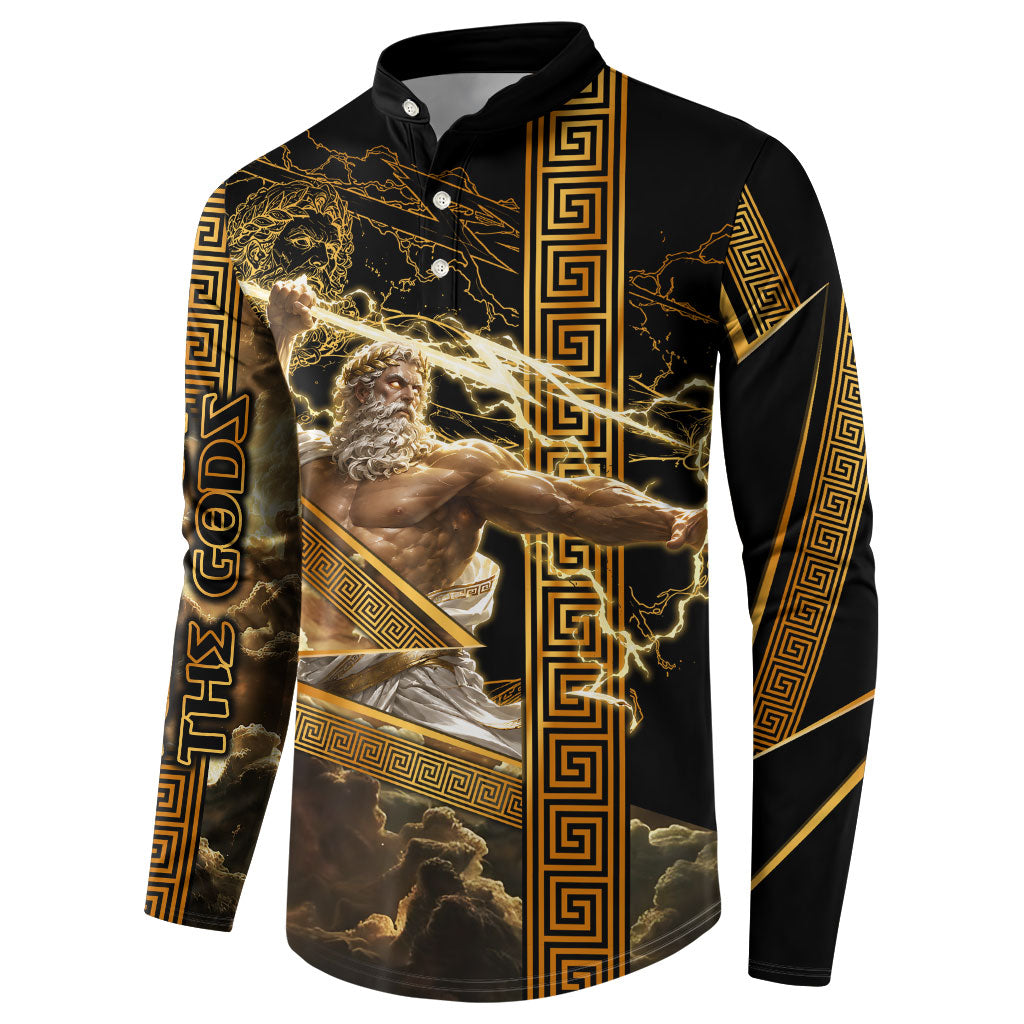 Zeus Greek Mythology King Of Gods Button Sweatshirt Gold Meander Pattern Lightning Bolt Mythological
