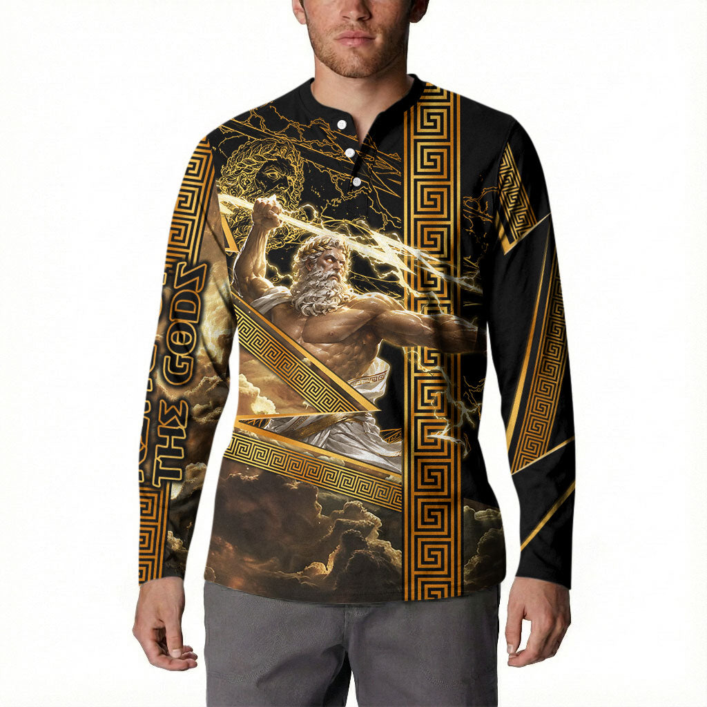Zeus Greek Mythology King Of Gods Button Sweatshirt Gold Meander Pattern Lightning Bolt Mythological