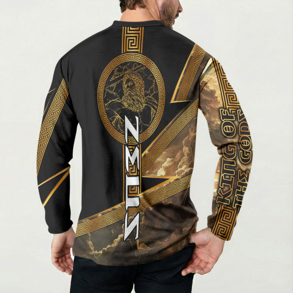 Zeus Greek Mythology King Of Gods Button Sweatshirt Gold Meander Pattern Lightning Bolt Mythological
