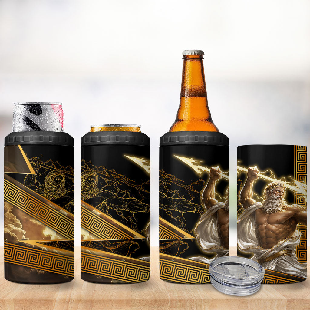 Zeus Greek Mythology King Of Gods 4 in 1 Can Cooler Tumbler Gold Meander Pattern Lightning Bolt Mythological