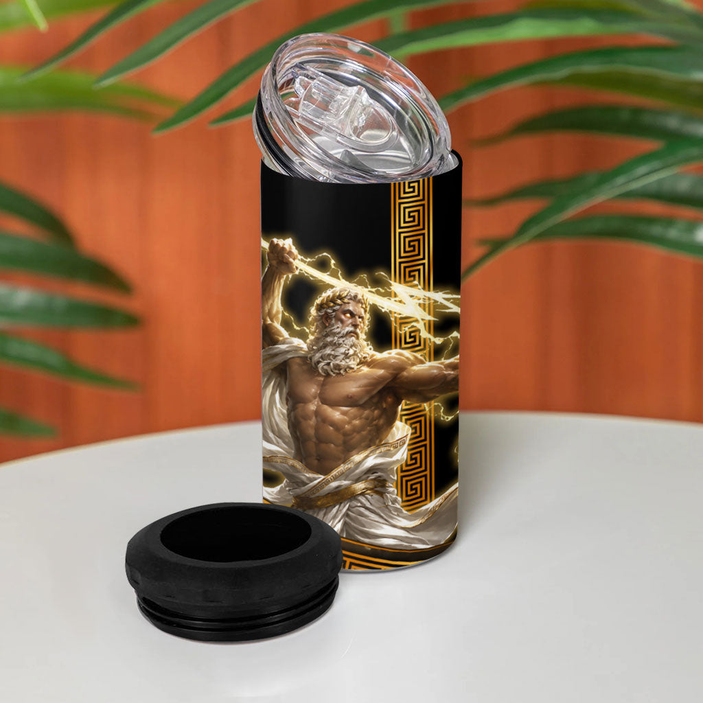 Zeus Greek Mythology King Of Gods 4 in 1 Can Cooler Tumbler Gold Meander Pattern Lightning Bolt Mythological