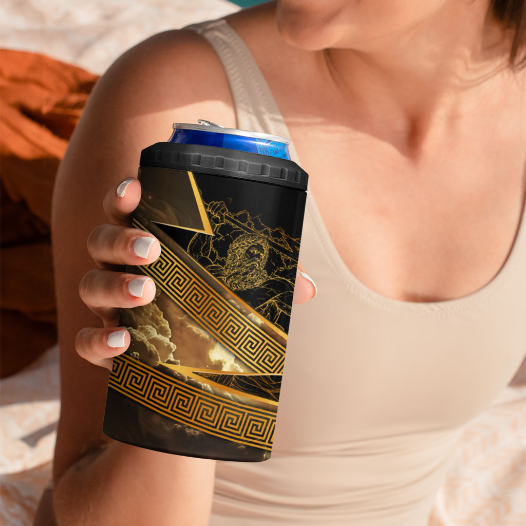 Zeus Greek Mythology King Of Gods 4 in 1 Can Cooler Tumbler Gold Meander Pattern Lightning Bolt Mythological