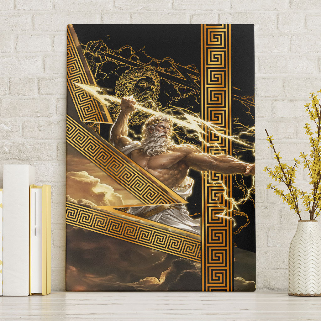 Zeus Greek Mythology King Of Gods Canvas Wall Art Gold Meander Pattern Lightning Bolt Mythological