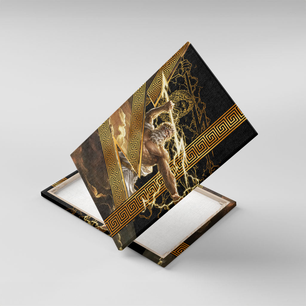 Zeus Greek Mythology King Of Gods Canvas Wall Art Gold Meander Pattern Lightning Bolt Mythological