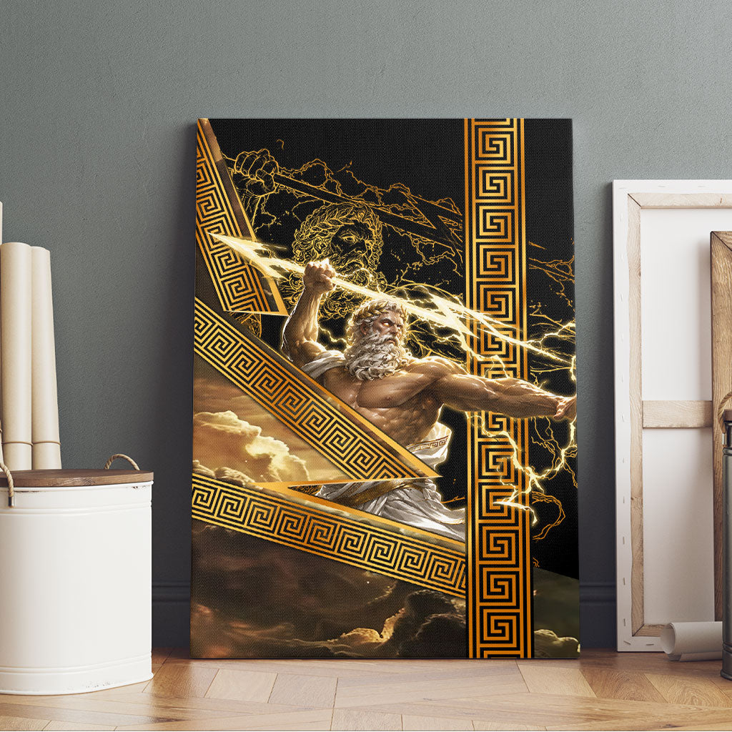 Zeus Greek Mythology King Of Gods Canvas Wall Art Gold Meander Pattern Lightning Bolt Mythological