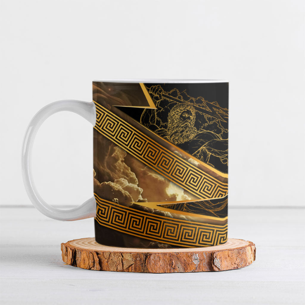 Zeus Greek Mythology King Of Gods Ceramic Mug Gold Meander Pattern Lightning Bolt Mythological