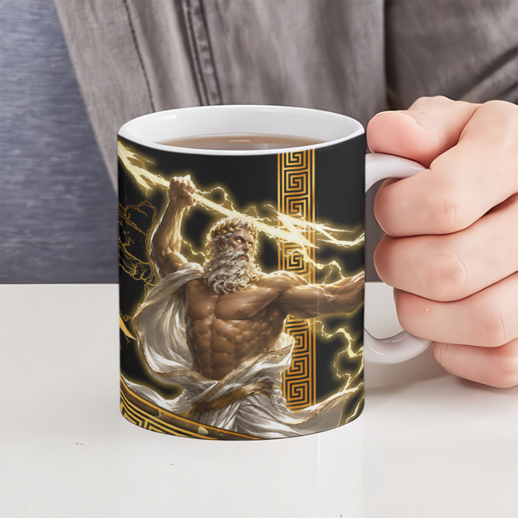 Zeus Greek Mythology King Of Gods Ceramic Mug Gold Meander Pattern Lightning Bolt Mythological