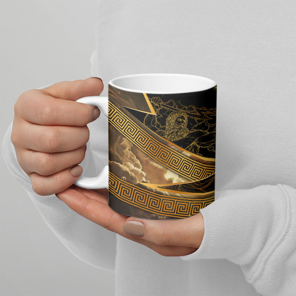 Zeus Greek Mythology King Of Gods Ceramic Mug Gold Meander Pattern Lightning Bolt Mythological