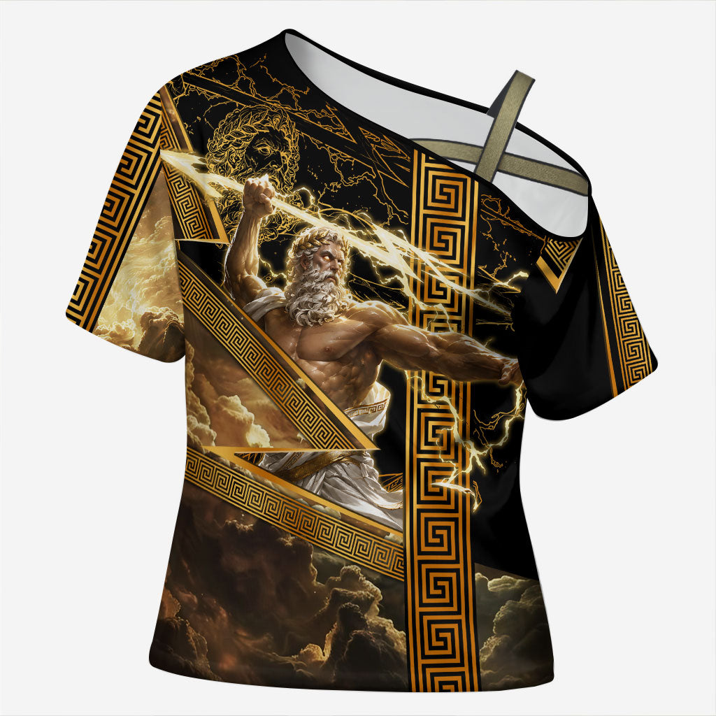 Zeus Greek Mythology King Of Gods Cross Shoulder Shirt Gold Meander Pattern Lightning Bolt Mythological
