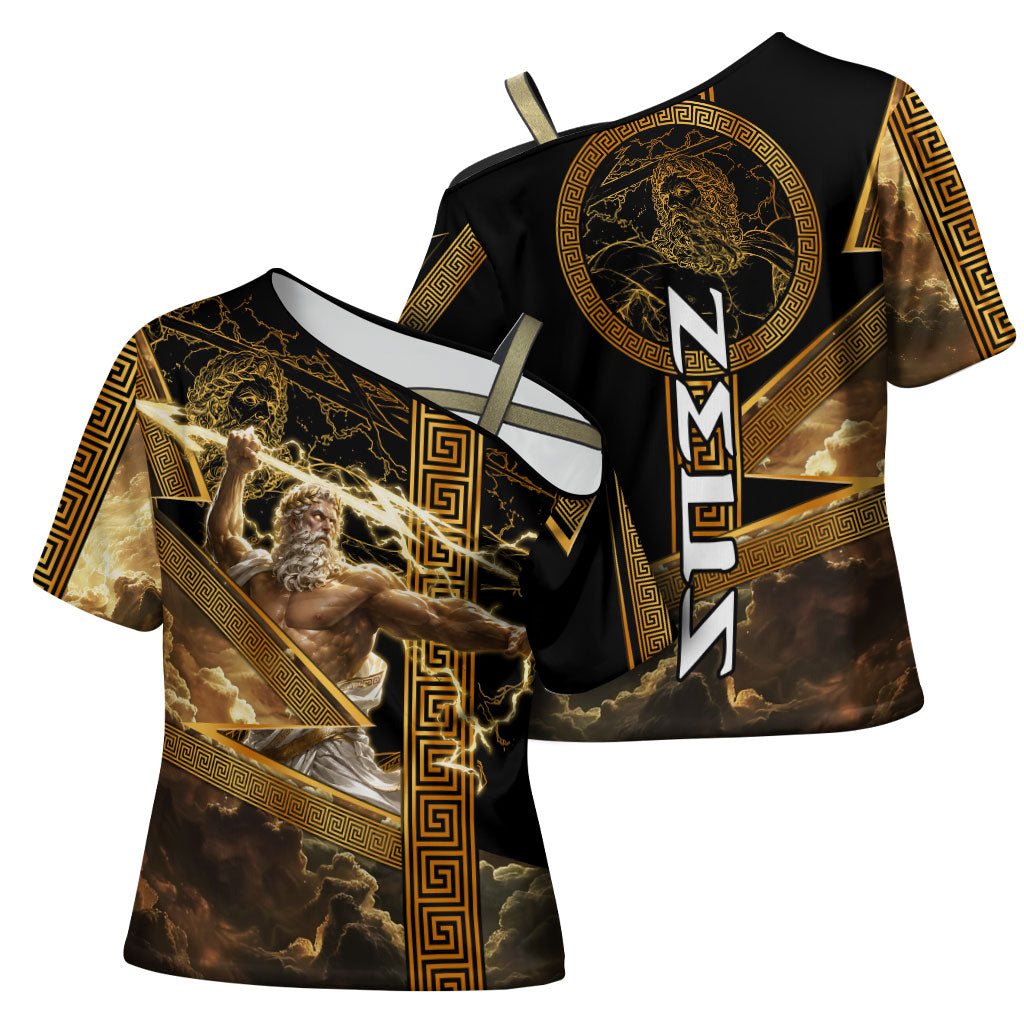 Zeus Greek Mythology King Of Gods Cross Shoulder Shirt Gold Meander Pattern Lightning Bolt Mythological