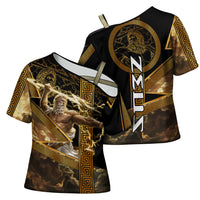 Zeus Greek Mythology King Of Gods Cross Shoulder Shirt Gold Meander Pattern Lightning Bolt Mythological