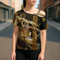 Zeus Greek Mythology King Of Gods Cross Shoulder Shirt Gold Meander Pattern Lightning Bolt Mythological