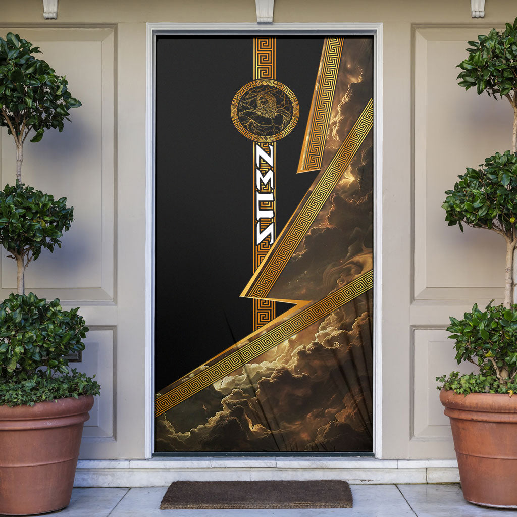 Zeus Greek Mythology King Of Gods Door Cover Gold Meander Pattern Lightning Bolt Mythological