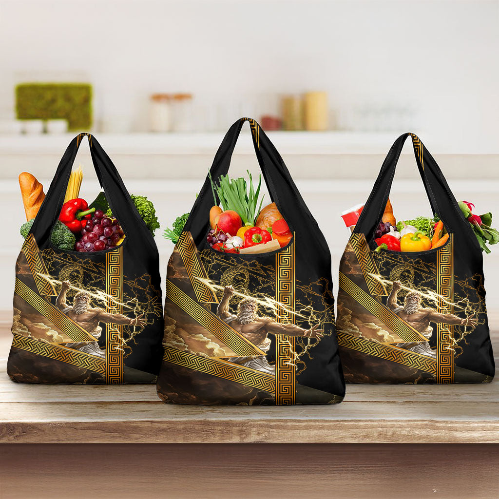 Zeus Greek Mythology King Of Gods Grocery Bag Gold Meander Pattern Lightning Bolt Mythological