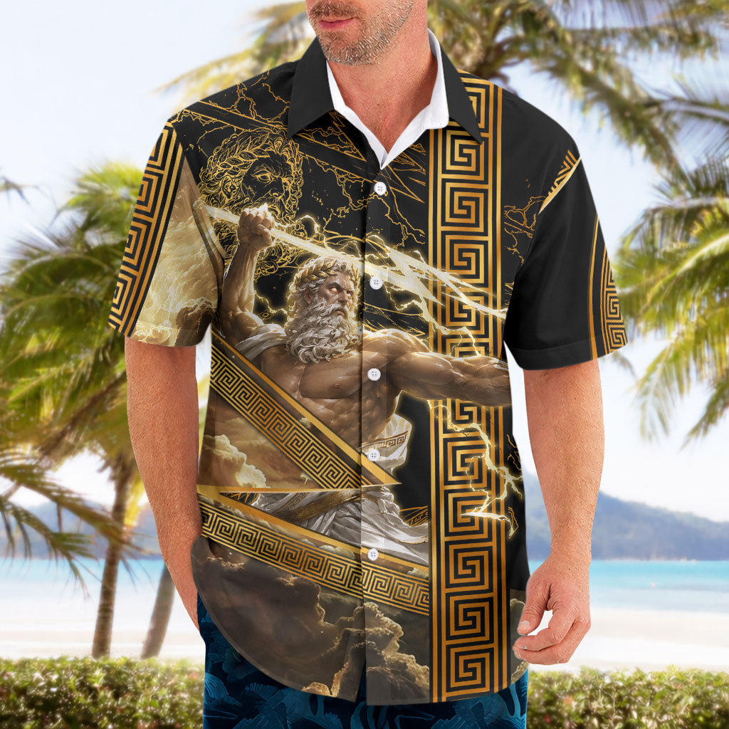 Zeus Greek Mythology King Of Gods Hawaiian Shirt Gold Meander Pattern Lightning Bolt Mythological