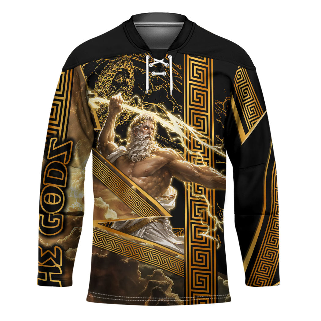 Zeus Greek Mythology King Of Gods Hockey Jersey Gold Meander Pattern Lightning Bolt Mythological
