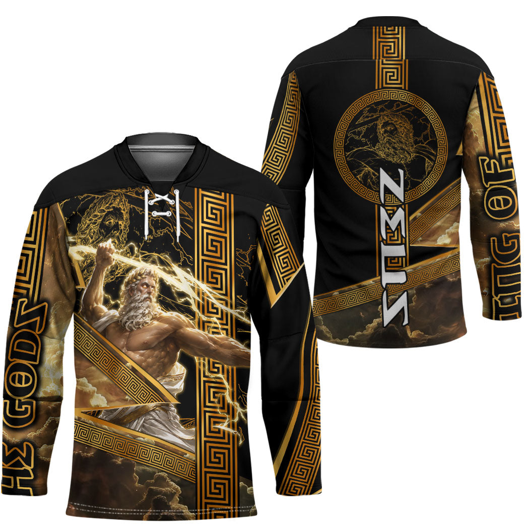 Zeus Greek Mythology King Of Gods Hockey Jersey Gold Meander Pattern Lightning Bolt Mythological