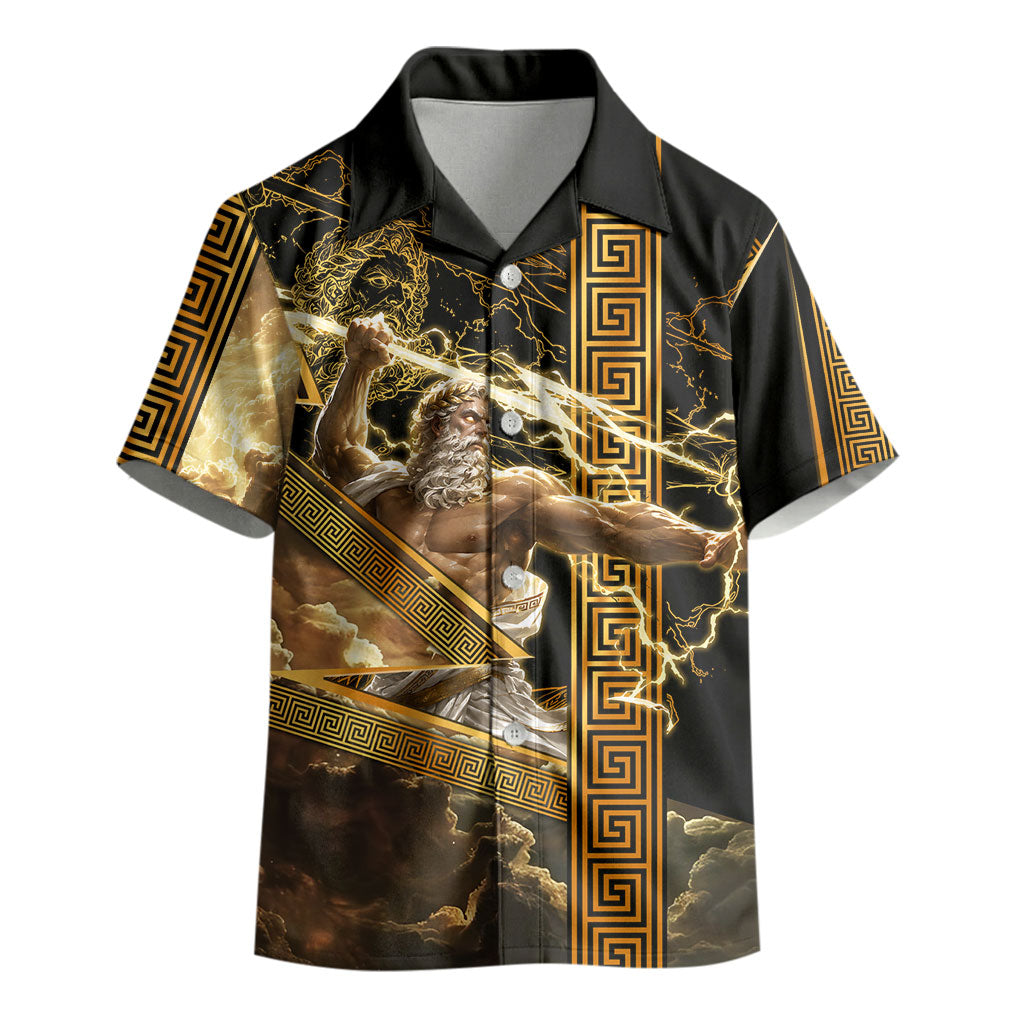 Zeus Greek Mythology King Of Gods Kid Hawaiian Shirt Gold Meander Pattern Lightning Bolt Mythological