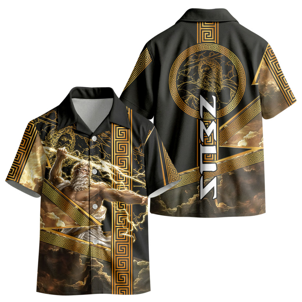 Zeus Greek Mythology King Of Gods Kid Hawaiian Shirt Gold Meander Pattern Lightning Bolt Mythological
