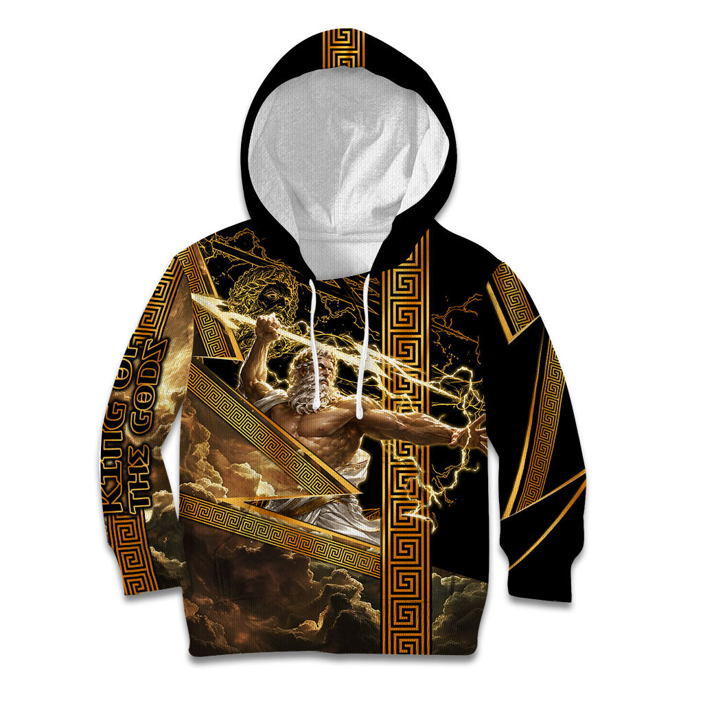 Zeus Greek Mythology King Of Gods Kid Hoodie Gold Meander Pattern Lightning Bolt Mythological